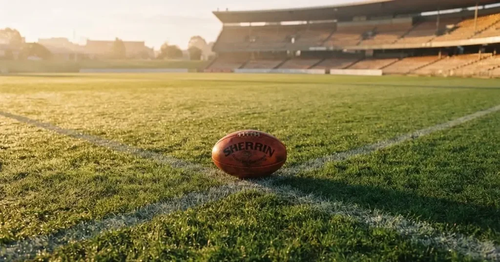 A ball on the centre spot of a grass pitch in morning light