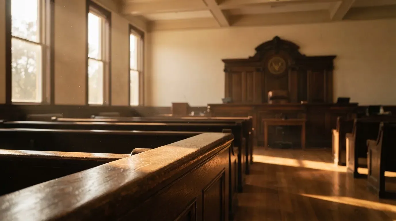 An empty courtroom with wooden benches in morning light