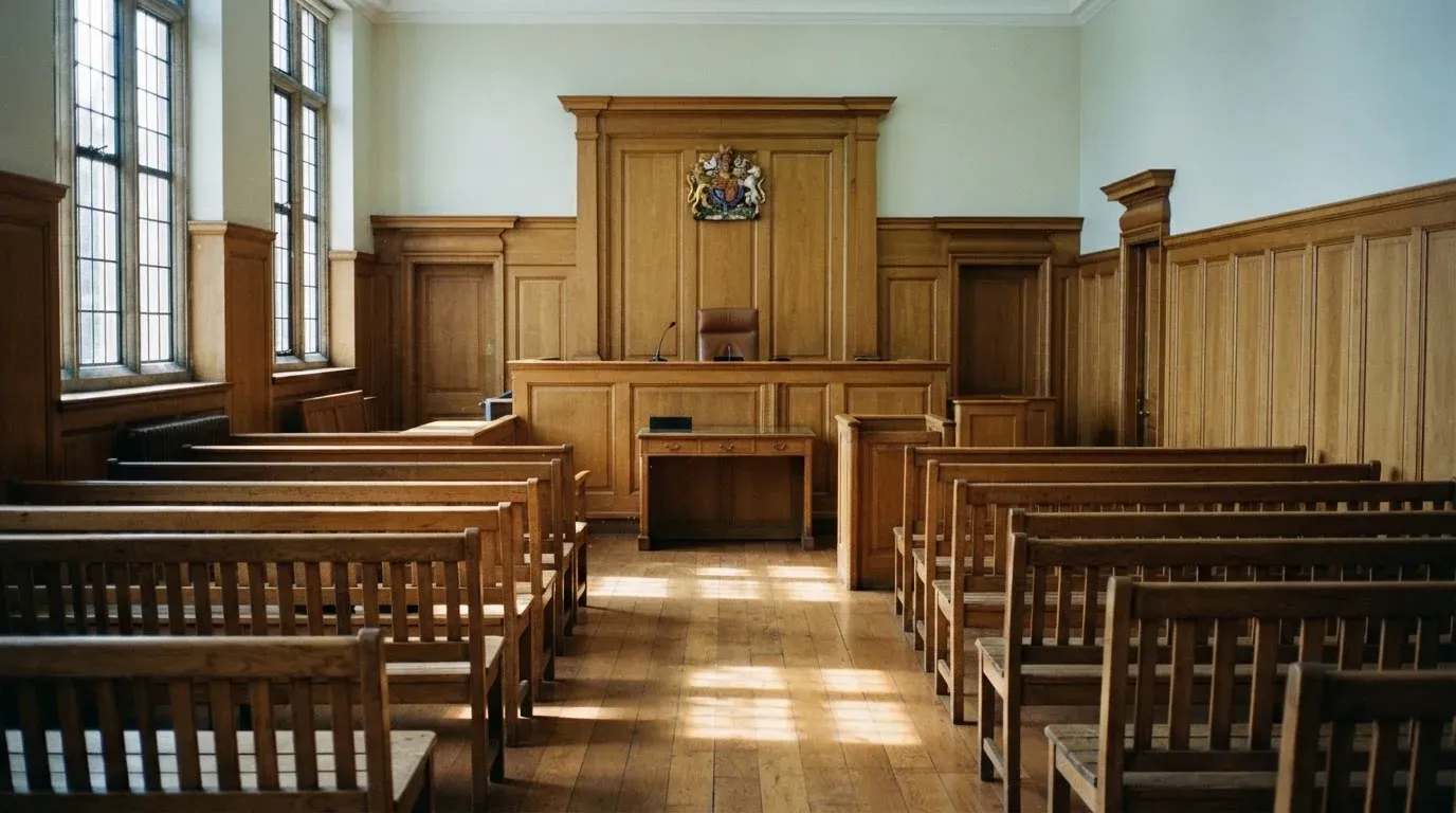 An empty courtroom with wooden benches in morning light