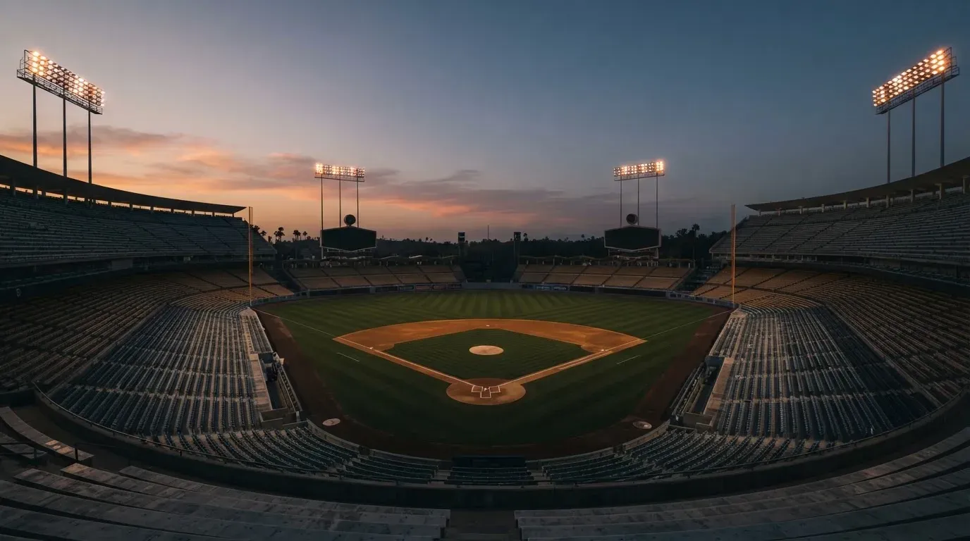 An empty football stadium with floodlight masts at dusk