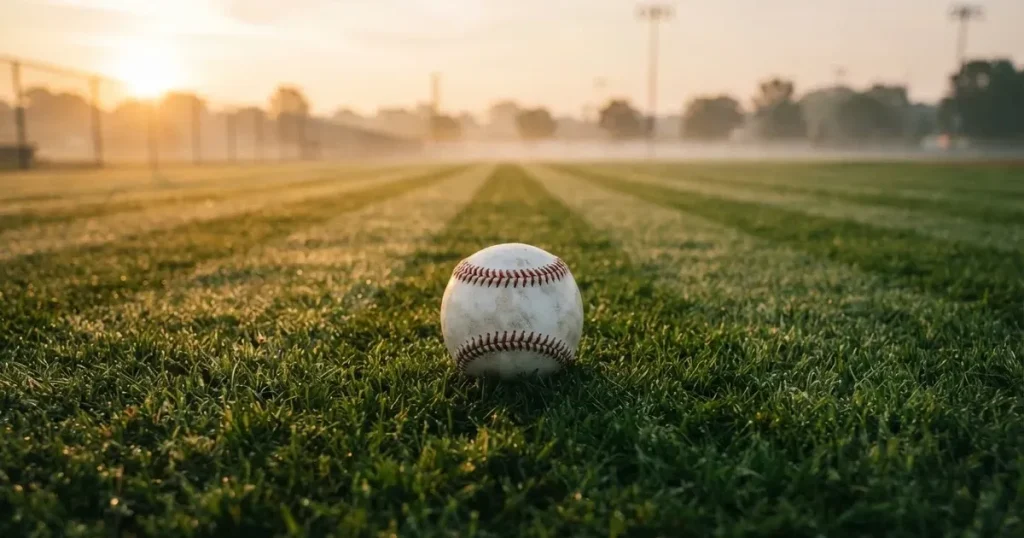 A ball on the centre spot of a grass pitch in morning light