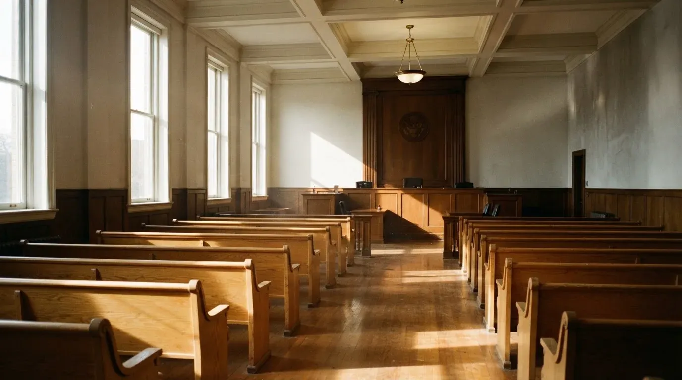 An empty courtroom with wooden benches in morning light