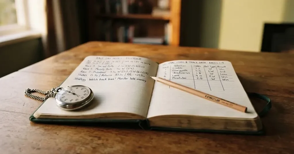 An open notebook with a pencil and a stopwatch on a wooden table
