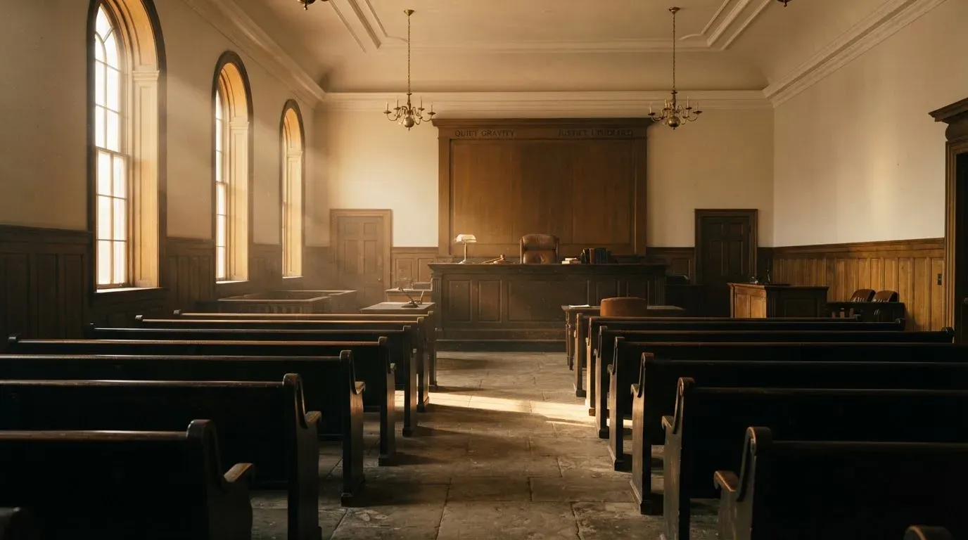 An empty courtroom with wooden benches in morning light