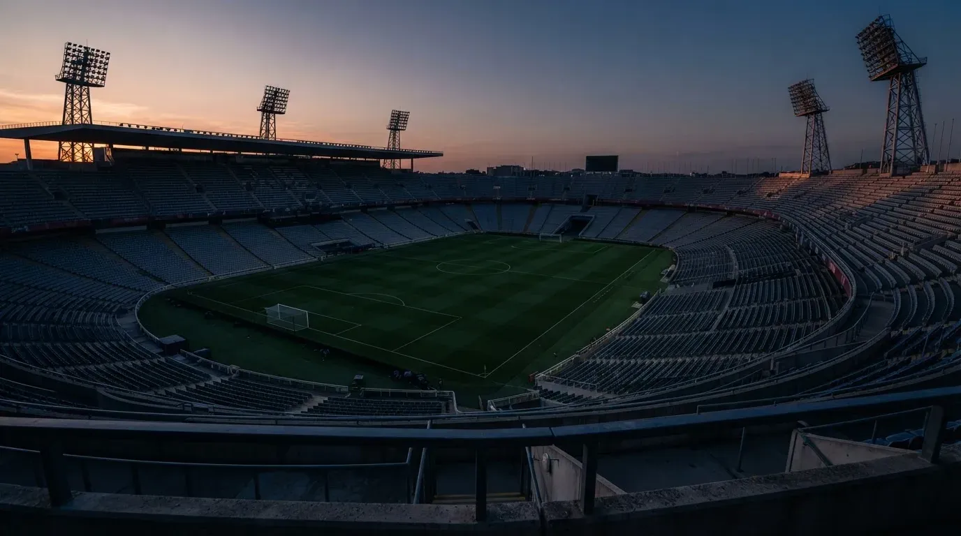 An empty football stadium with floodlight masts at dusk