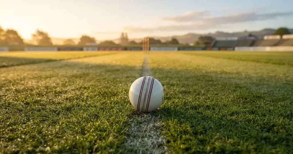 A ball on the centre spot of a grass pitch in morning light