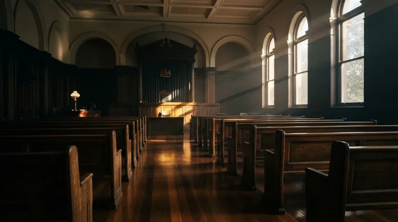 An empty courtroom with wooden benches in morning light