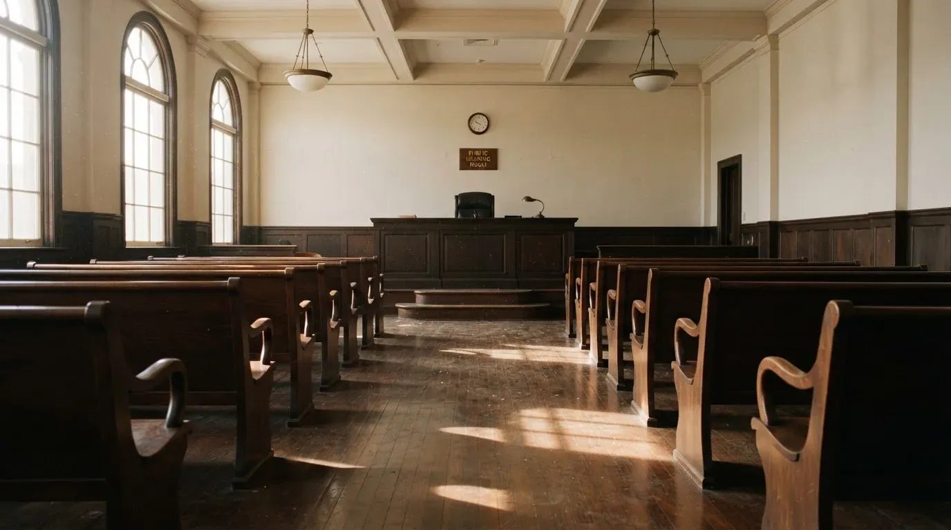 An empty courtroom with wooden benches in morning light