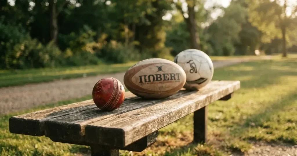 Three balls of different kinds side by side on a wooden bench