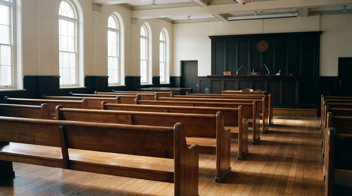 An empty courtroom with wooden benches in morning light