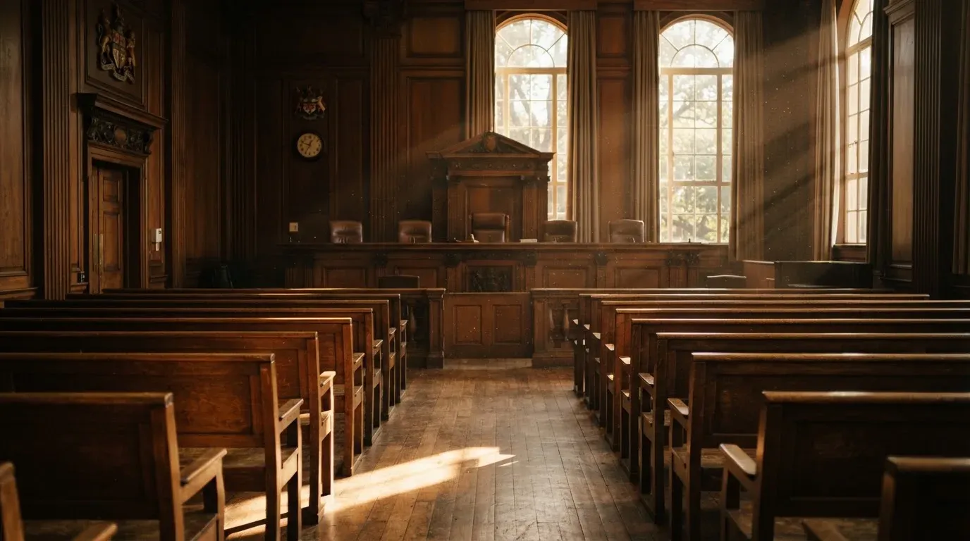 An empty courtroom with wooden benches in morning light