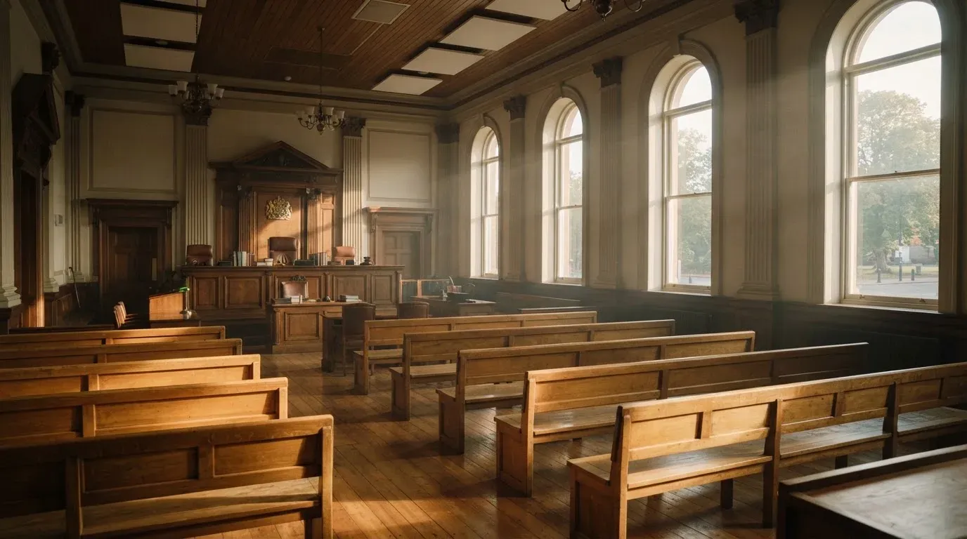 An empty courtroom with wooden benches in morning light