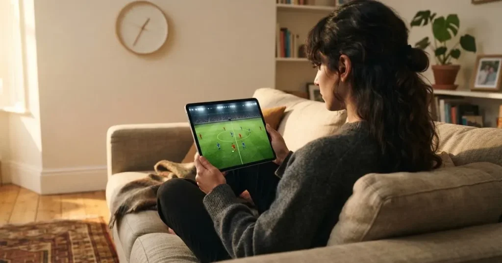 A person on a sofa looking thoughtfully at a tablet, a wall clock in the background