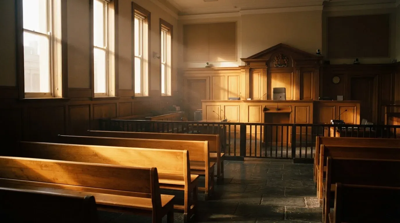 An empty courtroom with wooden benches in morning light