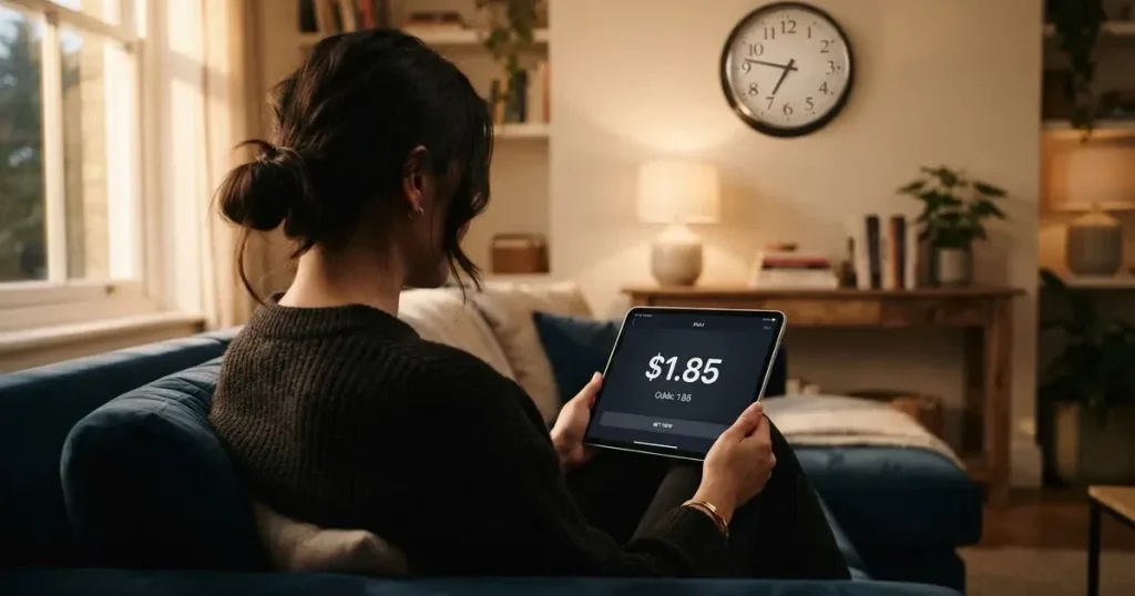 A person on a sofa looking thoughtfully at a tablet, a wall clock in the background