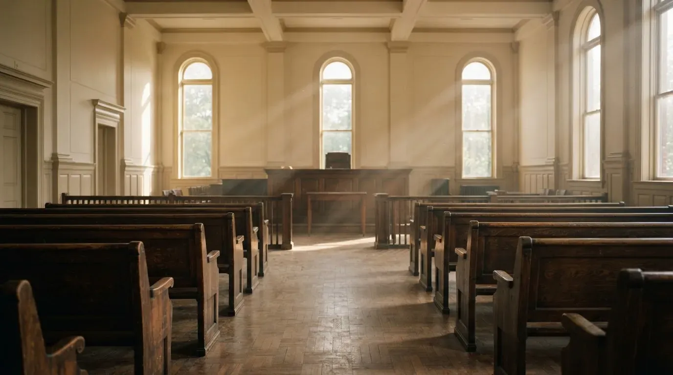 An empty courtroom with wooden benches in morning light
