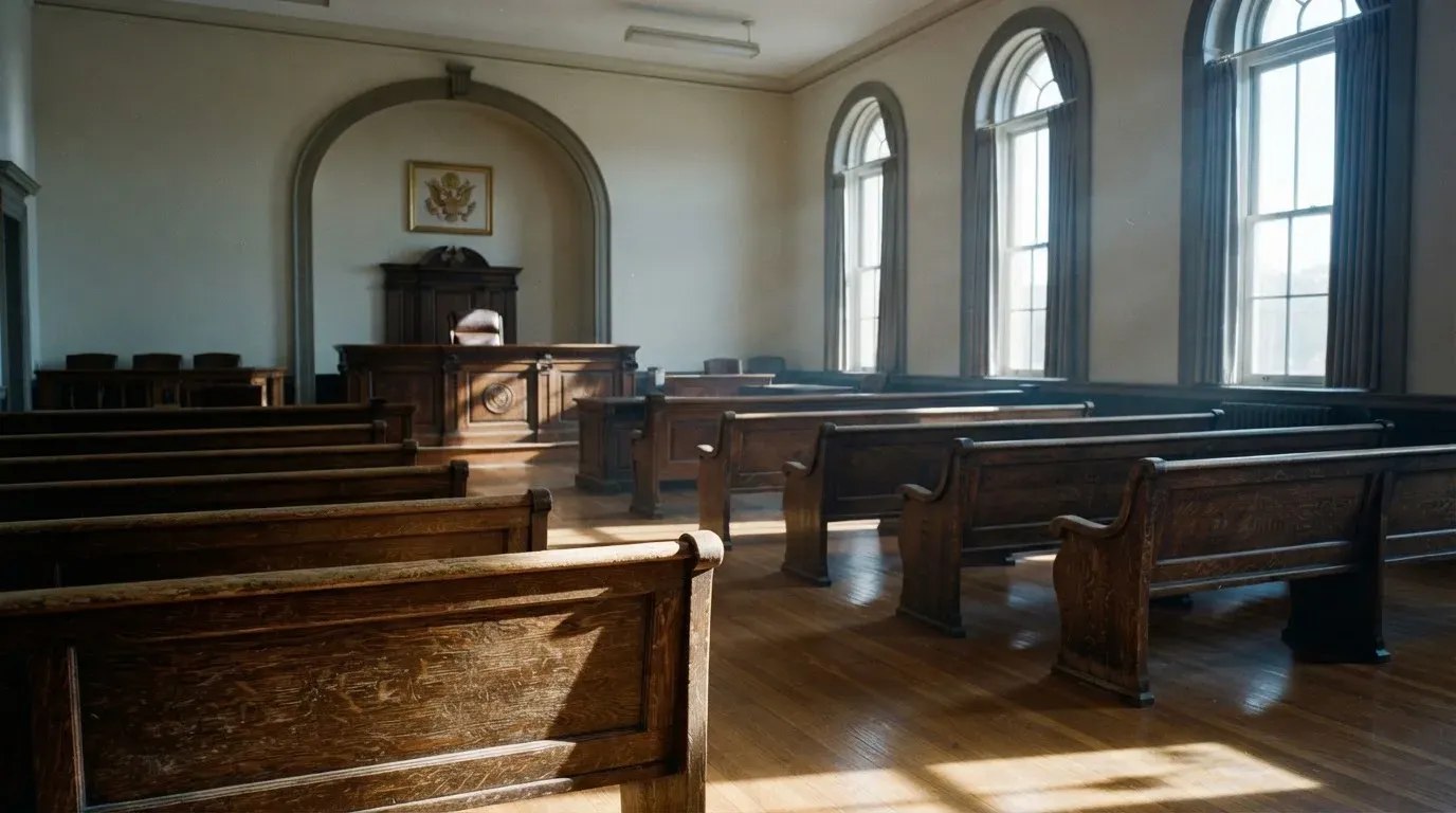 An empty courtroom with wooden benches in morning light
