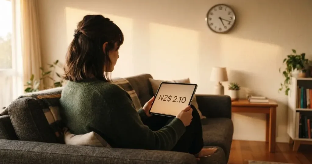 A person on a sofa looking thoughtfully at a tablet, a wall clock in the background