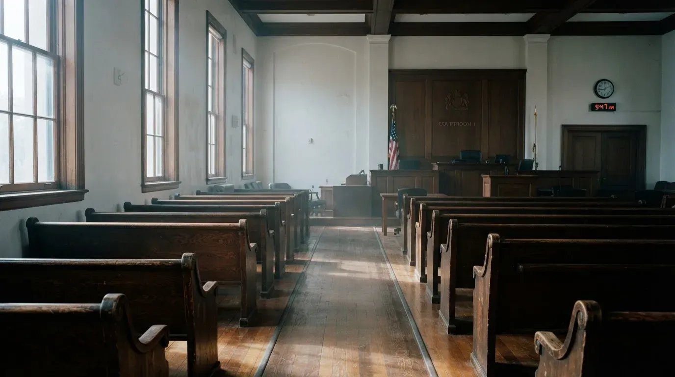 An empty courtroom with wooden benches in morning light