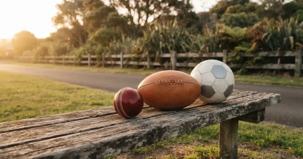 Three balls of different kinds side by side on a wooden bench