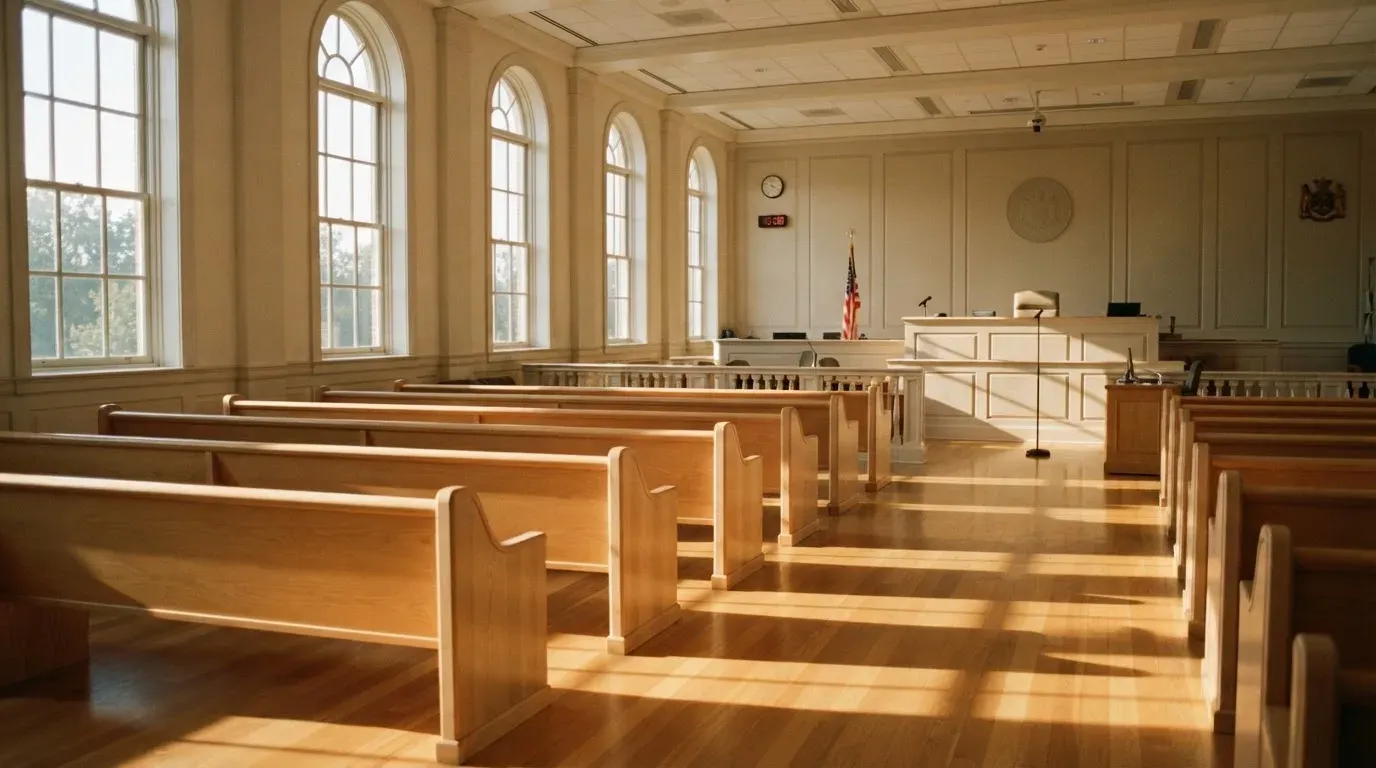 An empty courtroom with wooden benches in morning light