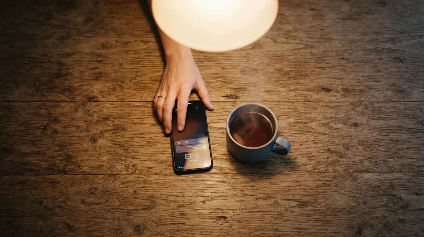A hand setting a smartphone down beside a cup of tea on a kitchen table on a quiet evening