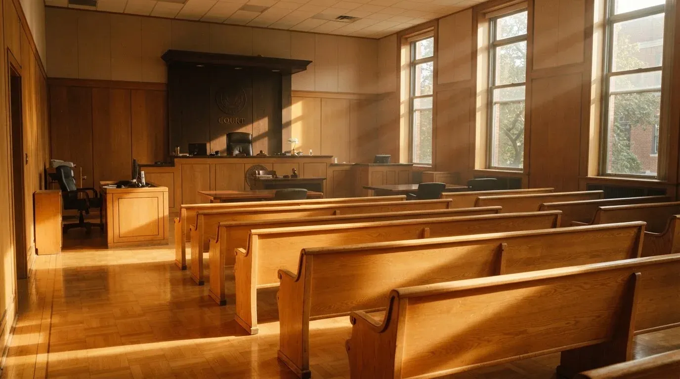 An empty courtroom with wooden benches in morning light