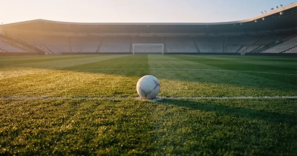 A ball on the centre spot of a grass pitch in morning light