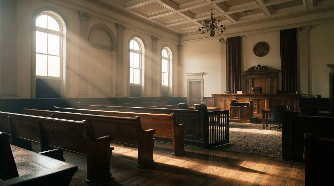 An empty courtroom with wooden benches in morning light