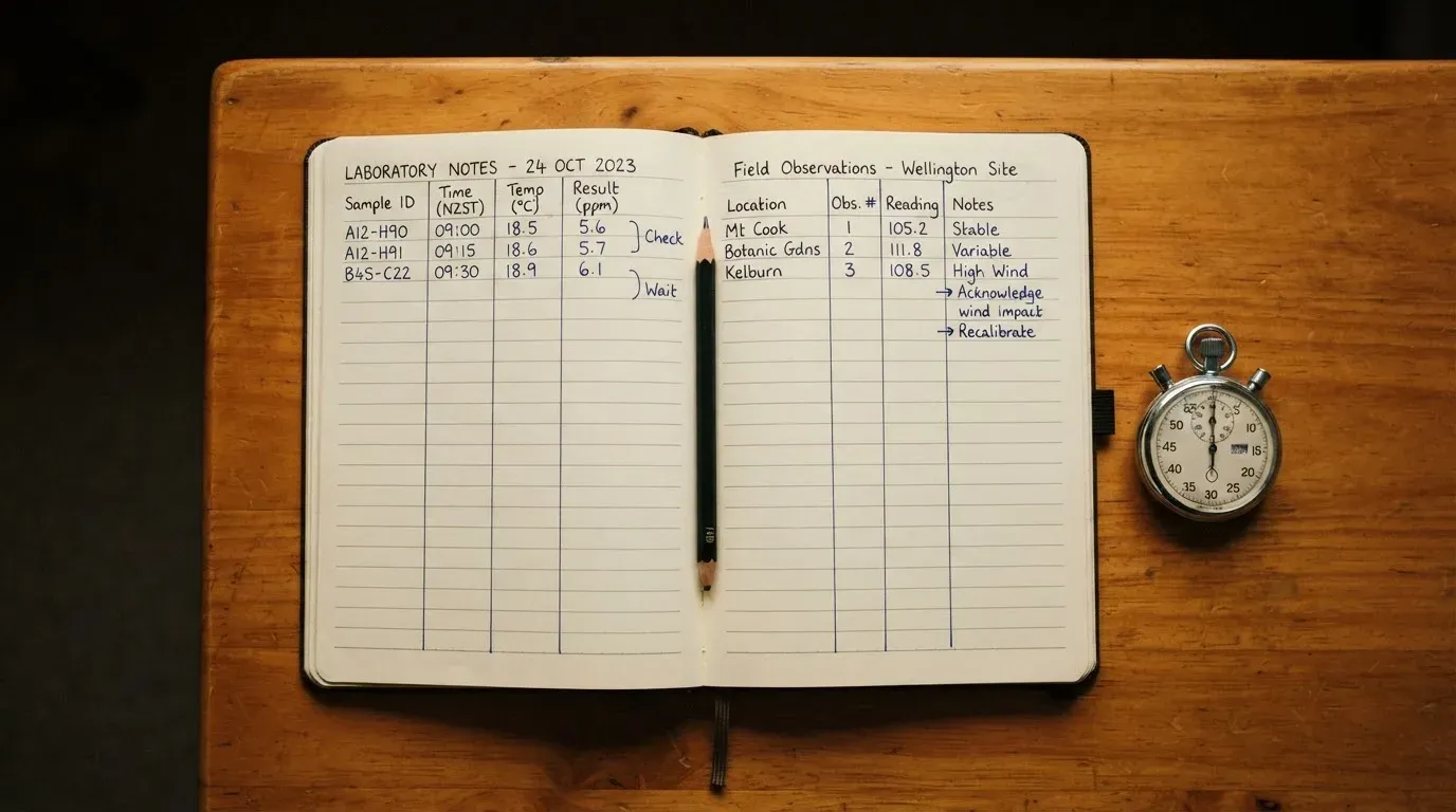 An open notebook with a pencil and a stopwatch on a wooden table