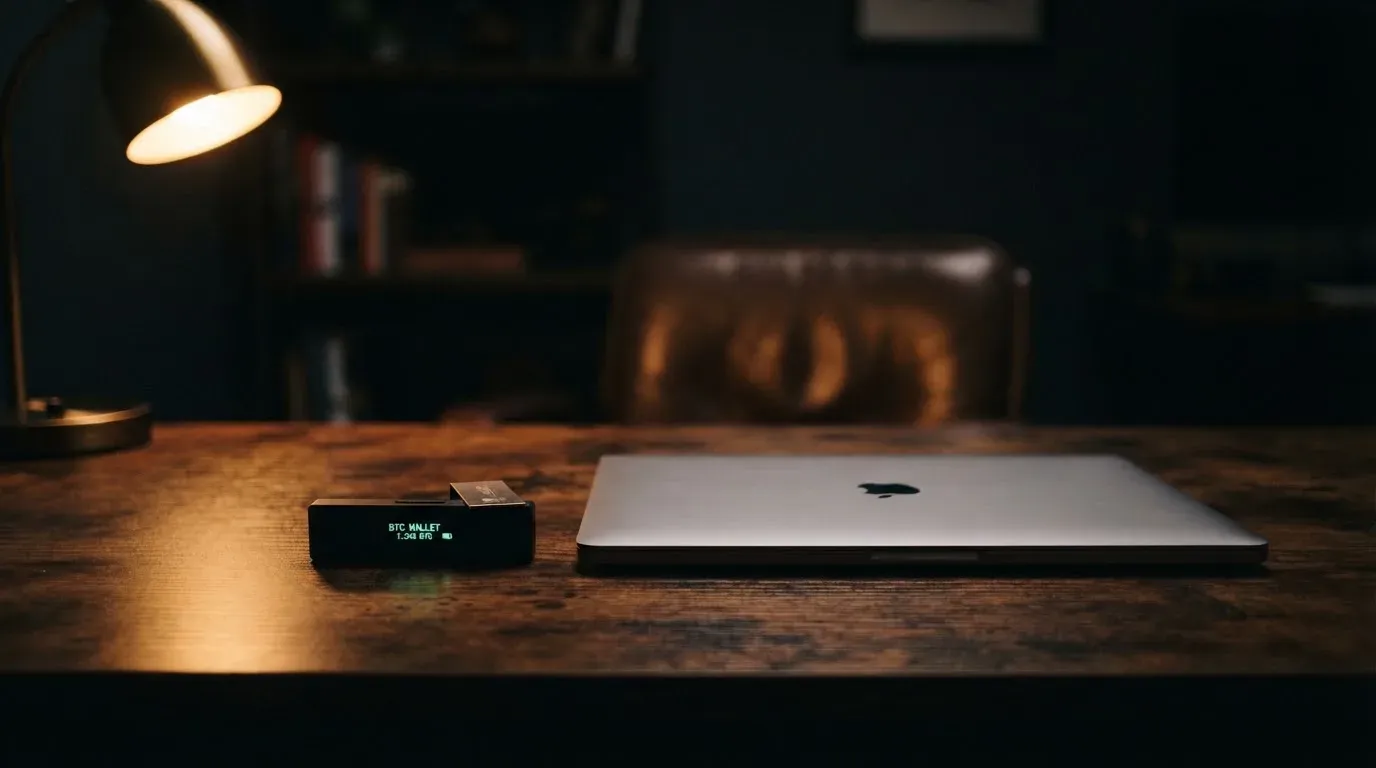 A hardware wallet and a closed laptop on a desk in dim light