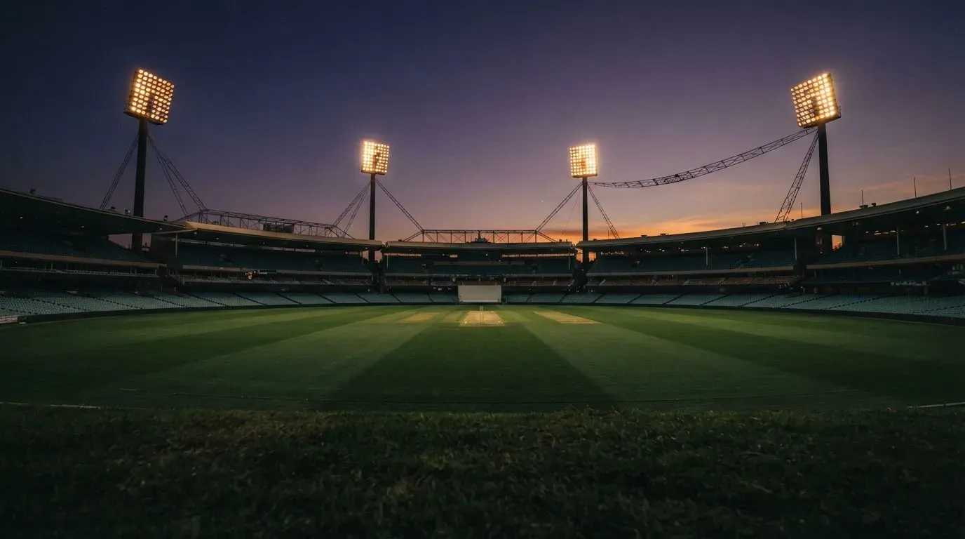 An empty football stadium with floodlight masts at dusk