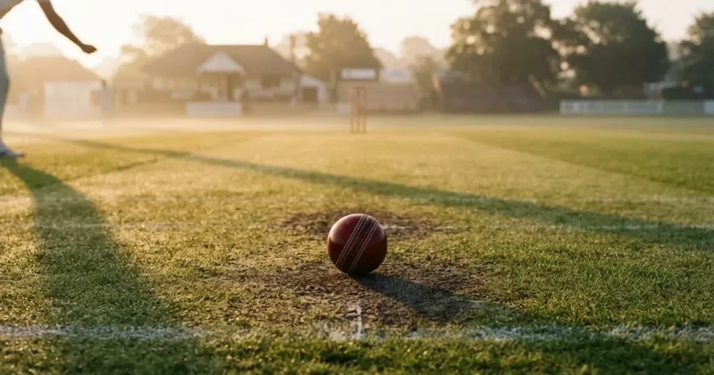 A ball on the centre spot of a grass pitch in morning light