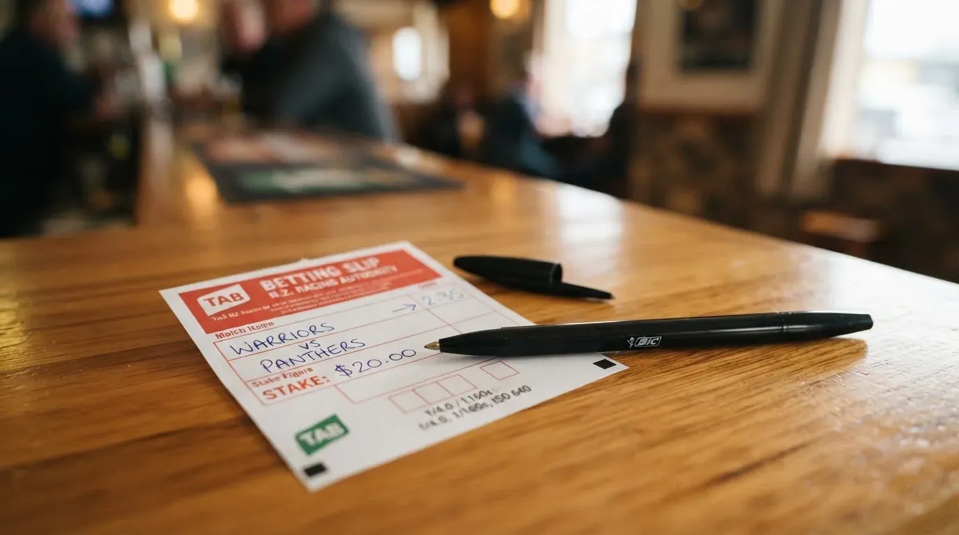A blank paper betting slip beside a pen on a wooden counter