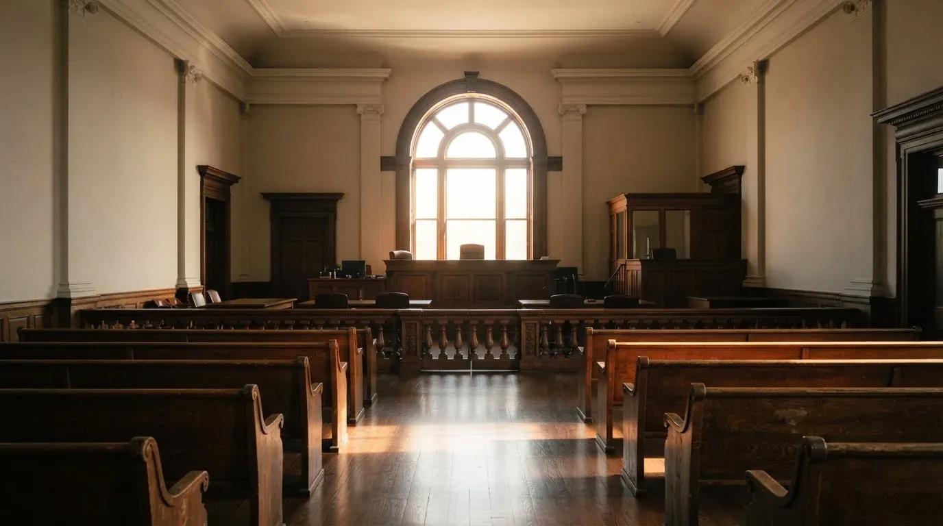 An empty courtroom with wooden benches in morning light