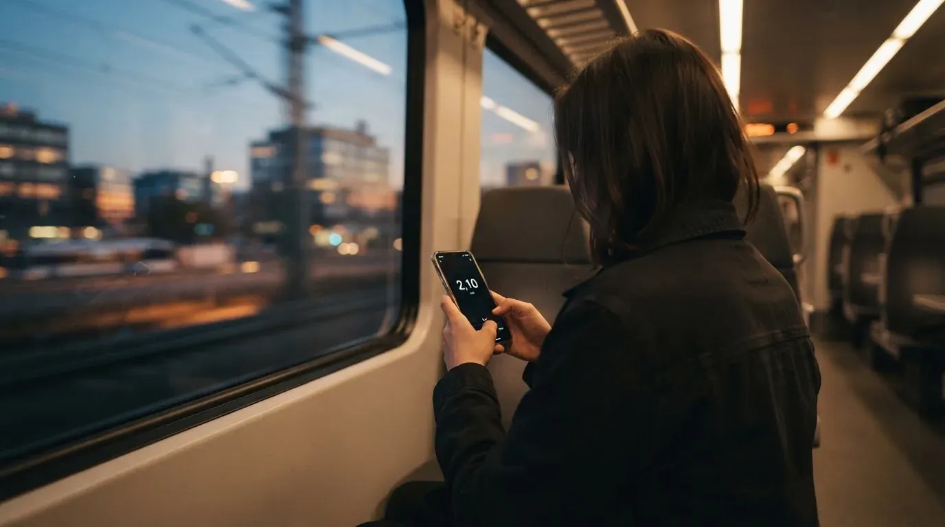 A hand holding a smartphone on a train in the evening, screen turned away