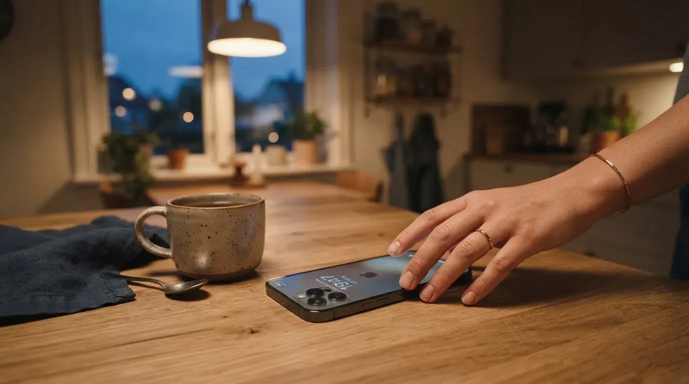 A hand setting a smartphone down beside a cup of tea on a kitchen table on a quiet evening