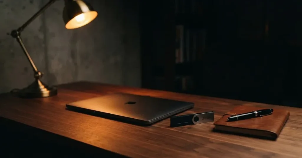 A hardware wallet and a closed laptop on a desk in dim light