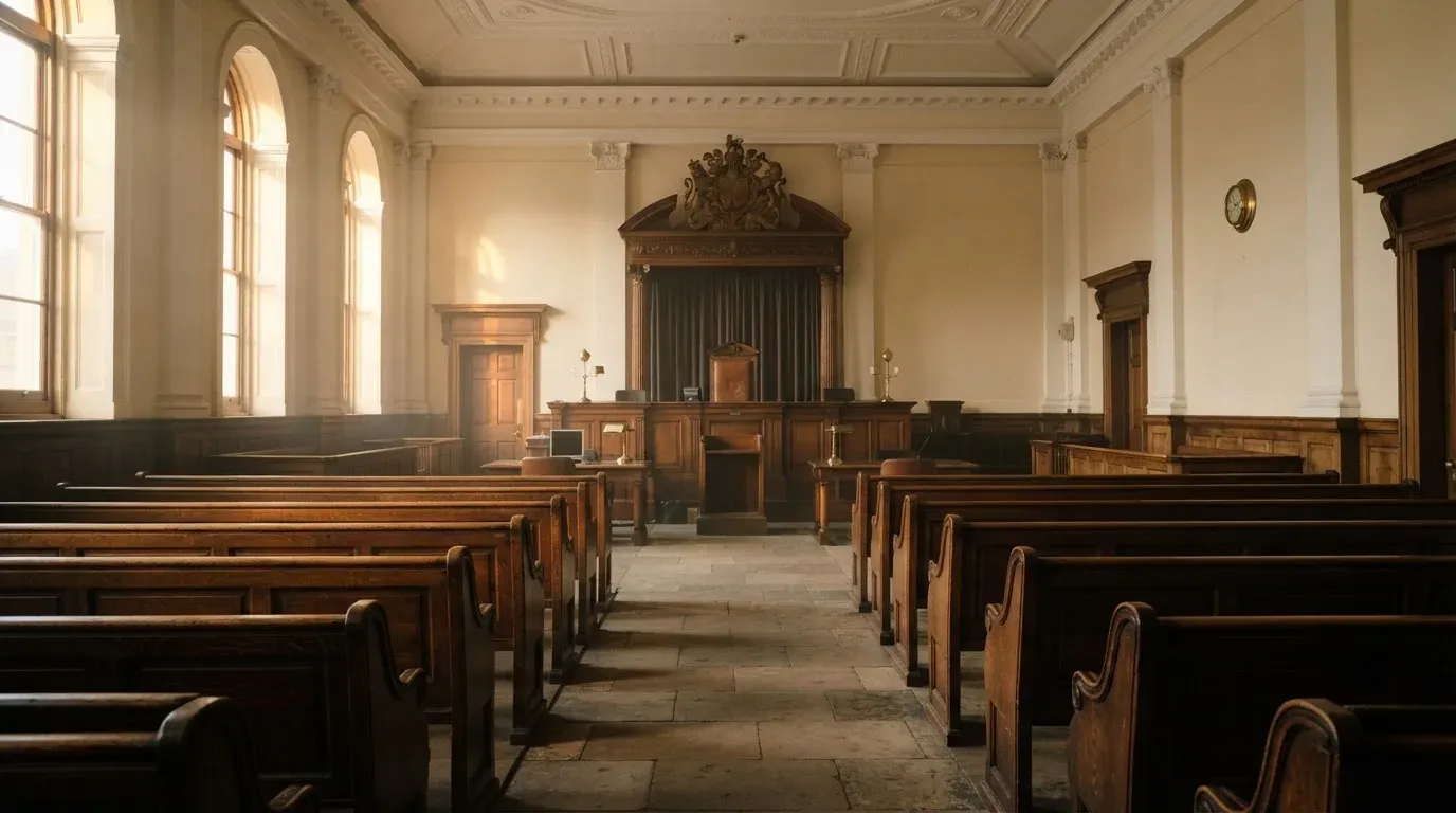 An empty courtroom with wooden benches in morning light