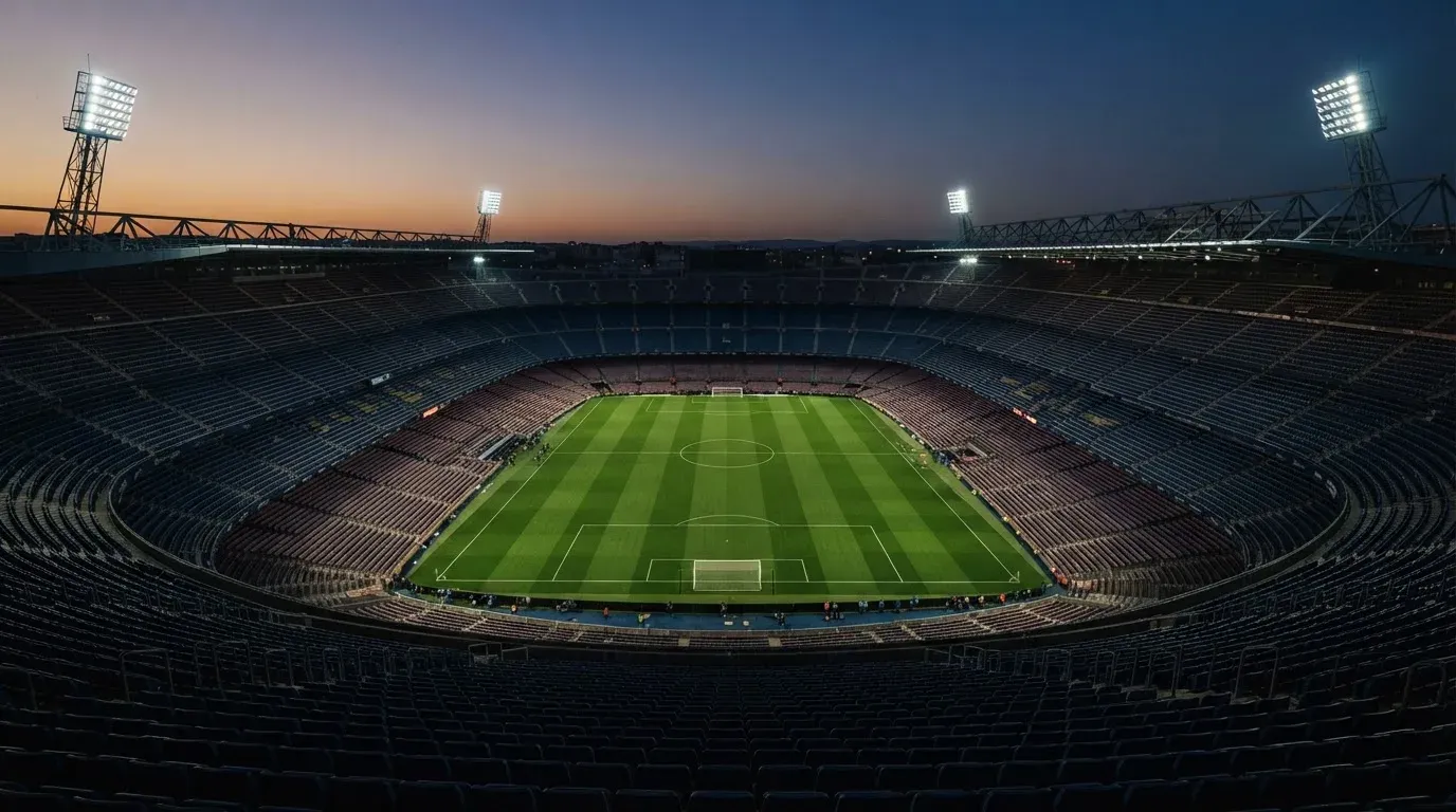 An empty football stadium with floodlight masts at dusk