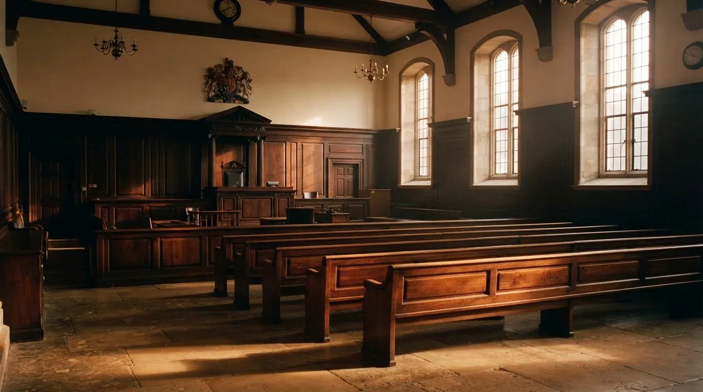 An empty courtroom with wooden benches in morning light
