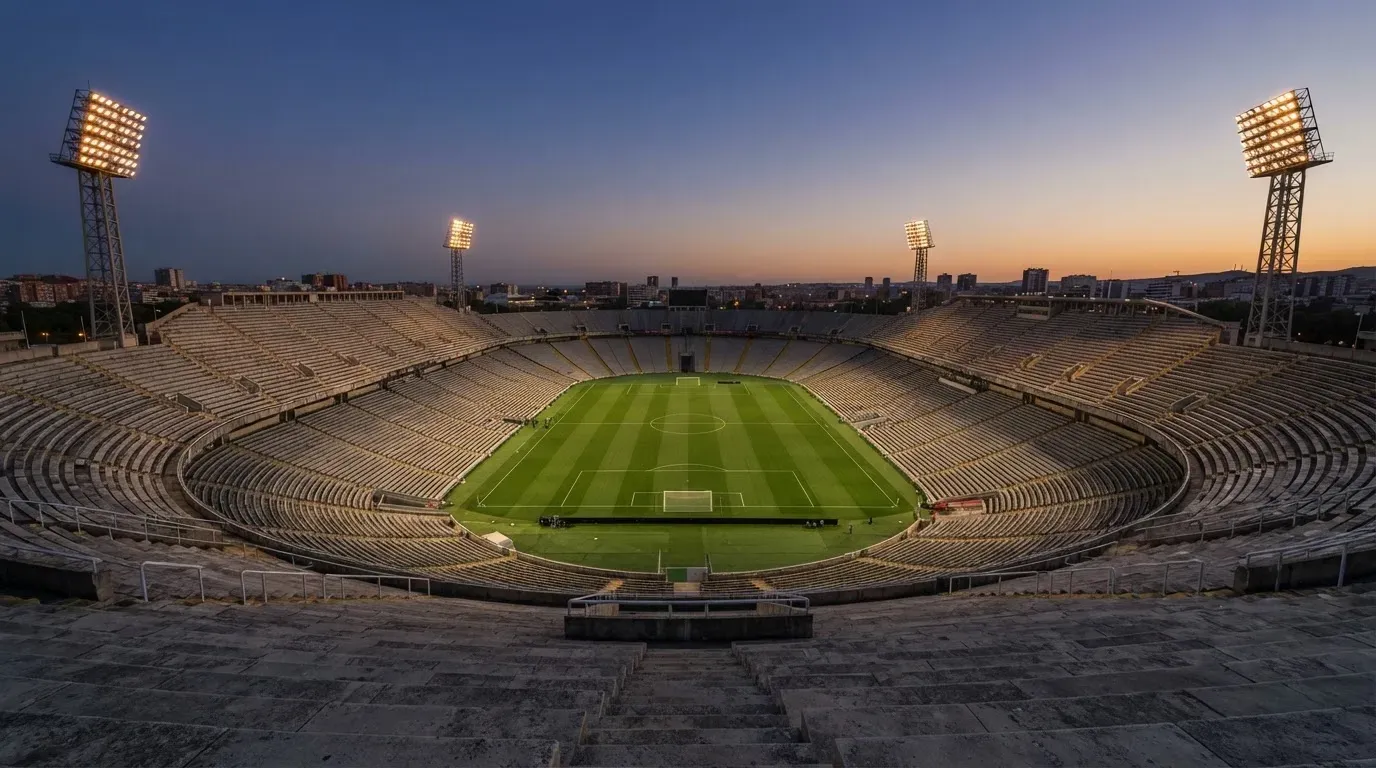 An empty football stadium with floodlight masts at dusk