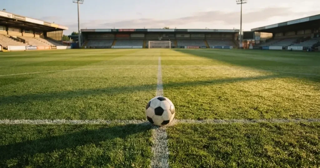 A ball on the centre spot of a grass pitch in morning light