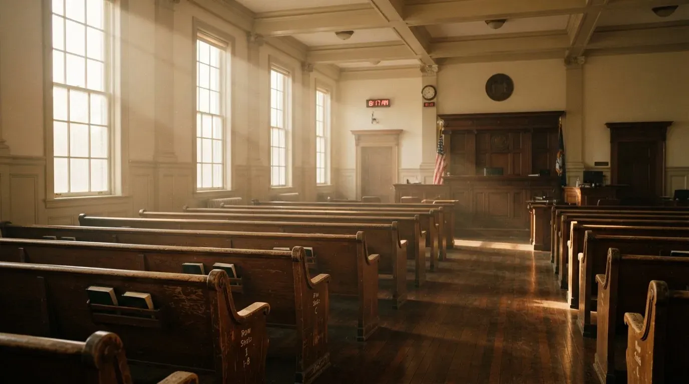 An empty courtroom with wooden benches in morning light