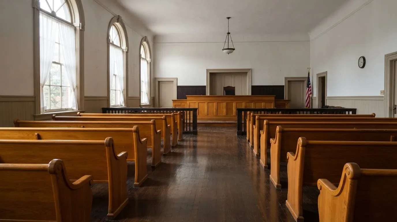 An empty courtroom with wooden benches in morning light
