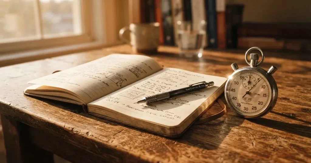 An open notebook with a pencil and a stopwatch on a wooden table