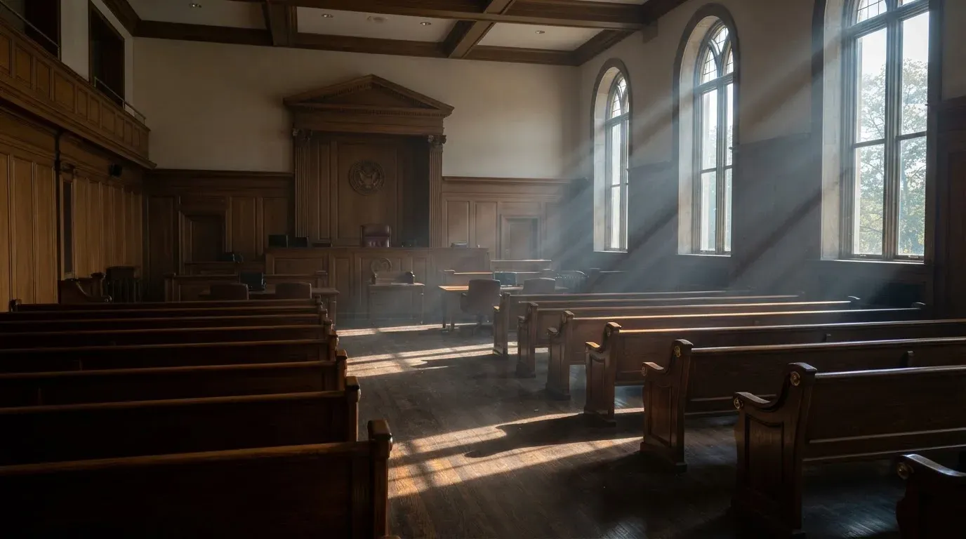An empty courtroom with wooden benches in morning light