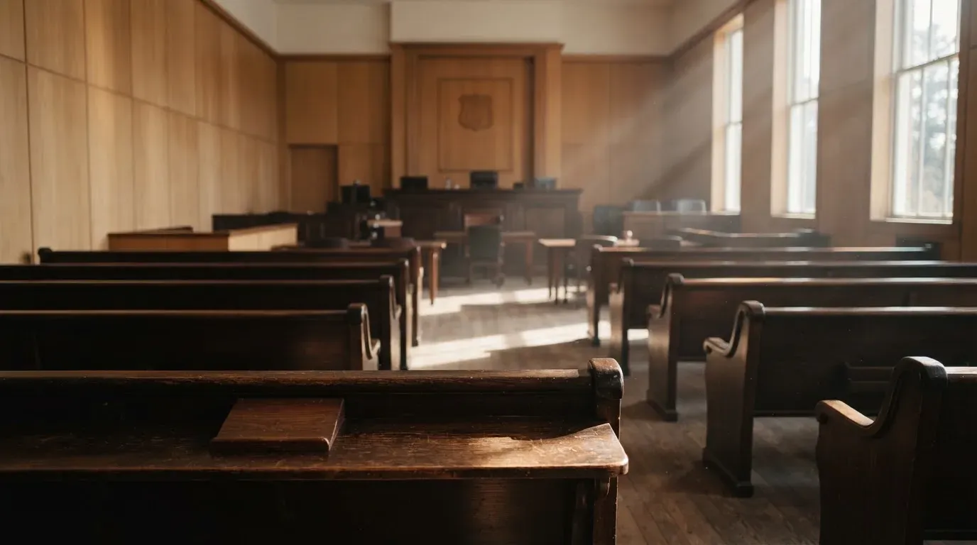 An empty courtroom with wooden benches in morning light
