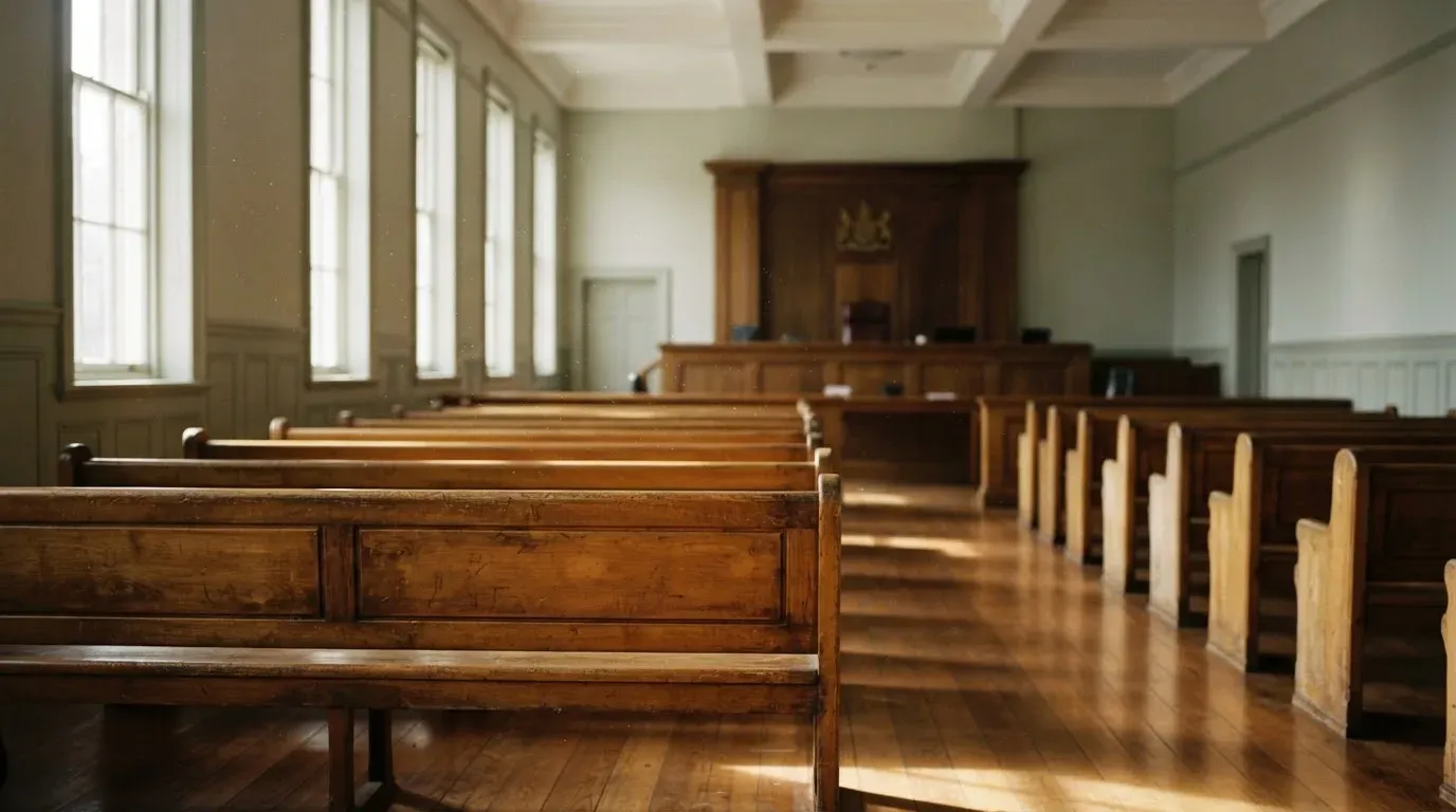 An empty courtroom with wooden benches in morning light
