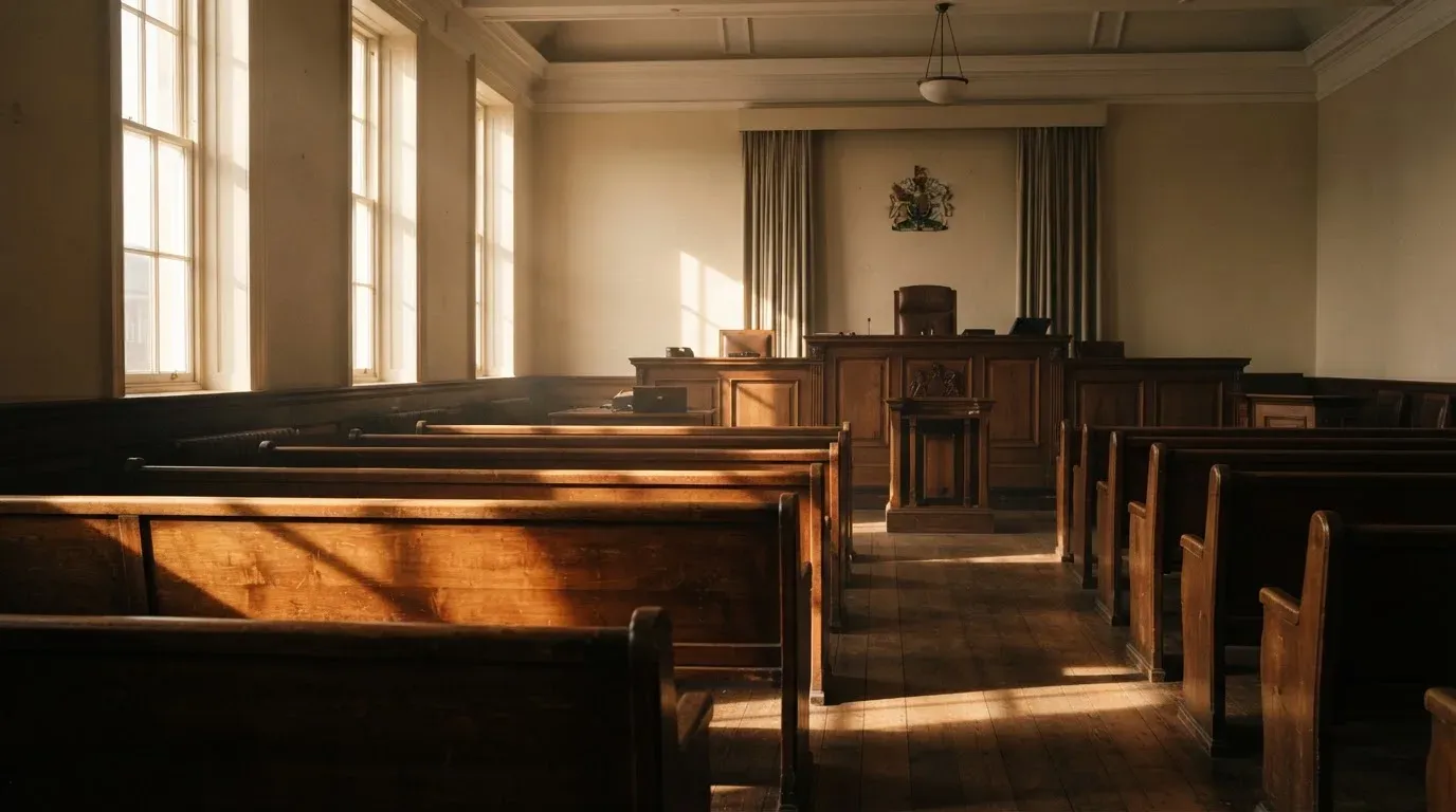 An empty courtroom with wooden benches in morning light